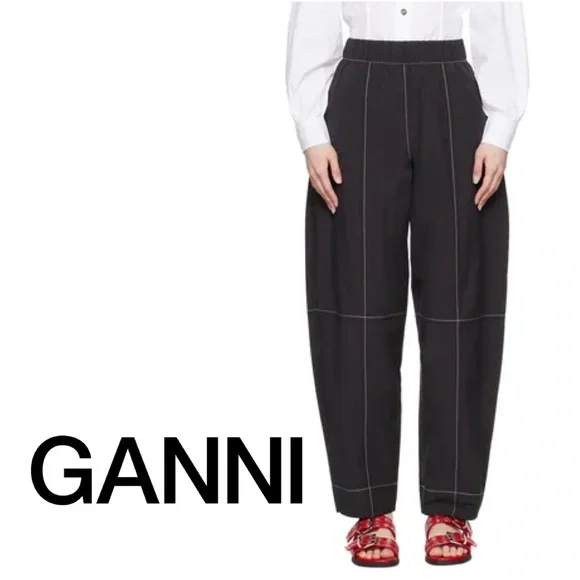 Ganni Elasticized Curve Trouser Pants Barrel Stitching High Rise Crepe Black XS - Picture 1 of 12
